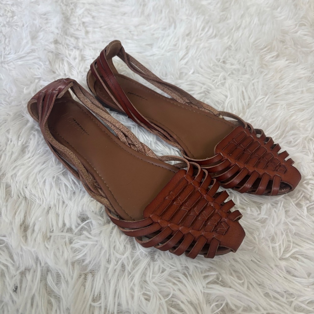J.Crew Brown Leather Woven Huarache Flat Sandals Women's Size 7.5